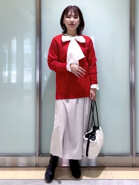 「INDIVI（インディヴィ）の【洗える／チュニック丈／カシミヤ混】スリットデザインVネックニット（ニット/セーター、レッド系）」を使った、mayutaさん（レディース・158cm）の冬コーディネート