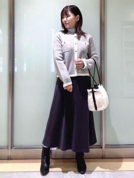 「INDIVI（インディヴィ）の【ミニブークレ素材】ジャケットライクカーディガン（カーディガン/ボレロ、グレー系）」を使った、mayutaさん（レディース・158cm）の秋コーディネート