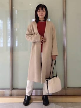 「INDIVI（インディヴィ）の【軽量／ウール混】ライトフォルム ロングコート（ノーカラーコート、ベージュ系）」を使った、mayutaさん（レディース・158cm）の秋コーディネート