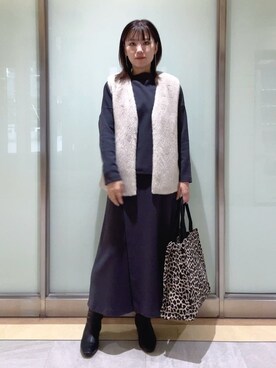 「INDIVI（インディヴィ）のミンク調フェイクファージレ（ベスト、ベージュ系）」を使った、mayutaさん（レディース・158cm）の秋コーディネート