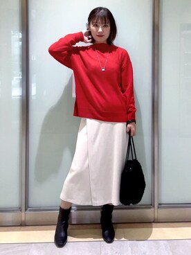 「INDIVI（インディヴィ）の【冬ニット人気NO．1！／カシミヤ混】ミドルゲージハイネックニット（ニット/セーター、レッド系）」を使った、mayutaさん（レディース・158cm）の冬コーディネート