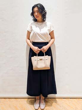 「index（インデックス）の【接触冷感／UV】ワンポイント刺繍Tシャツ《7col／XS~3L／洗濯機OK》（T Shirts、ホワイト系）」を使った、beer77さん（レディース・161cm）の夏コーディネート