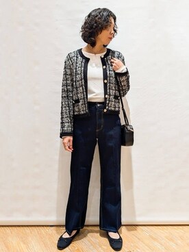 「index（インデックス）のファンシーヤーントリミングカーディガン【洗濯機OK】（カーディガン/ボレロ、ブラック系）」を使った、beer77さん（レディース・161cm）の冬コーディネート