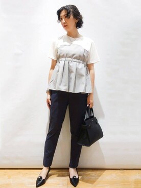 「OPAQUE.CLIP（オペークドットクリップ）のタックビスチェドッキングカットソー【洗濯機洗い可】（Tシャツ/カットソー、グレー系）」を使った、beer77さん（レディース・161cm）の夏コーディネート