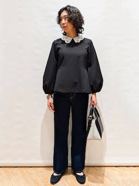 「index（インデックス）のレース衿ペプラムブラウス【洗濯機OK/ストレッチ】（シャツ/ブラウス、ブラック系）」を使った、beer77さん（レディース・161cm）の冬コーディネート