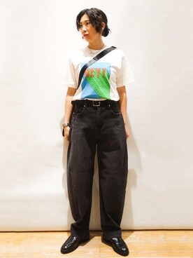 「OPAQUE.CLIP（オペークドットクリップ）の【Pontre Studio／ポンレストゥディオ】別注グラフィックTシャツ（Tシャツ/カットソー、ホワイト系）」を使った、beer77さん（レディース・161cm）の夏コーディネート