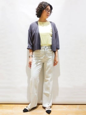 「index（インデックス）の《6色展開/XS-3サイズ》キーネックビジュートップス【UV/接触冷感/洗濯機洗い可】（Tシャツ/カットソー、イエロー系）」を使った、beer77さん（レディース・161cm）の春コーディネート