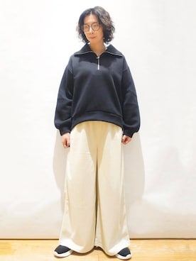 「OPAQUE.CLIP（オペークドットクリップ）のハーフジップトップス/セットアップ対応可【洗濯機OK】（Tシャツ/カットソー、ブラック系）」を使った、beer77さん（レディース・161cm）の秋コーディネート