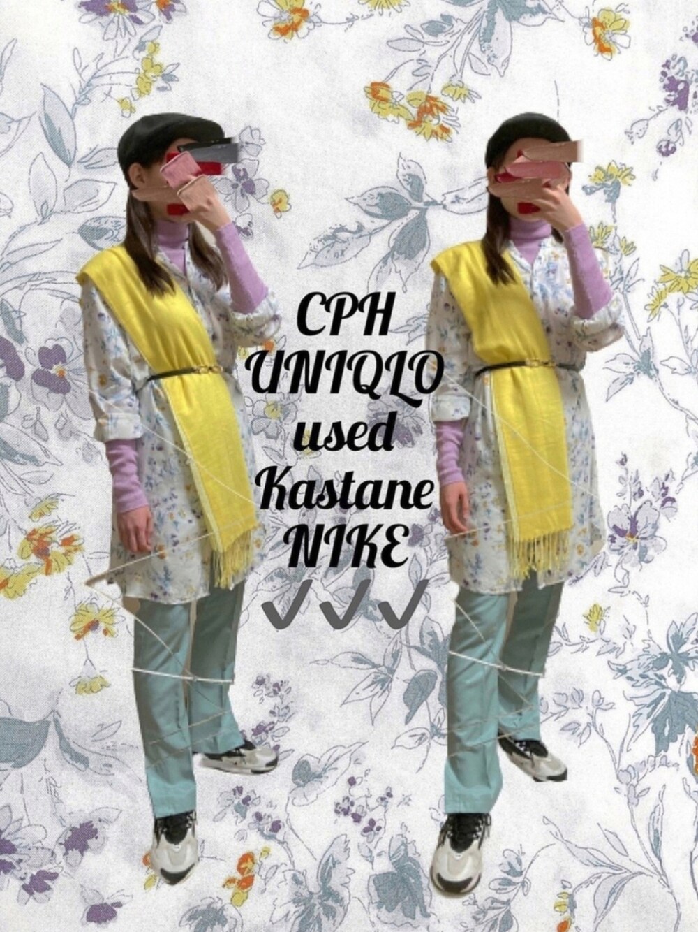 「古着、NIKE、used、花柄、タートルネック、ユニクロ、ハンチング、古着MIX、着回しコーデ」｜「CPHの【CPH/シープラスヘッドウェア】HUNTING PECKER（ハンチング/ベレー帽、ブラック系）」を使った、ajyunさん（レディース・162cm）の冬コーディネートの1枚目の写真