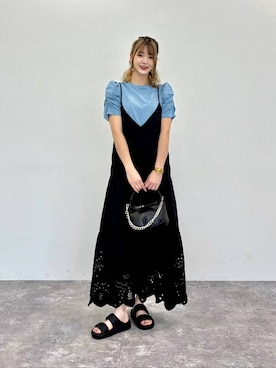 「ORiental TRaffic（オリエンタルトラフィック）のパデット 厚底 スライド サンダル /61213（サンダル、ブラック系）」を使った、moekaさん（レディース・174cm）の夏コーディネート