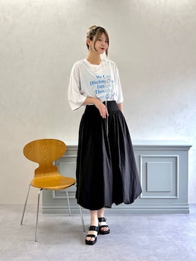 「ORiental TRaffic（オリエンタルトラフィック）のキルティング × ビジュー モチーフ ヒール サンダル /61223（サンダル、ブラック系）」を使った、moekaさん（レディース・174cm）の夏コーディネート