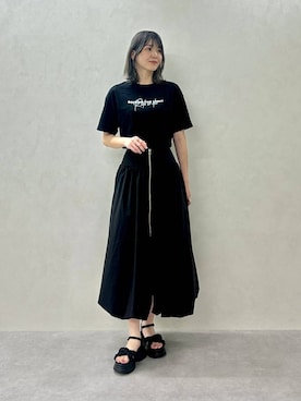 「ORiental TRaffic（オリエンタルトラフィック）のシャーリング ベルト 厚底 サンダル /61218（サンダル、ブラック系）」を使った、moekaさん（レディース・174cm）の春コーディネート
