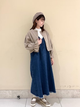 「デニムワンピース」｜「アイテム（ノーカラージャケット）」を使った、🧸まゆ🐰さん（レディース・158cm）の秋コーディネート