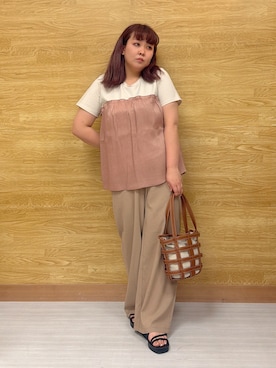 「SHOO・LA・RUE（シューラルー）の格子レイヤードトートバッグ（トートバッグ、イエロー系）」を使った、ぁむさん（レディース・151cm）の春コーディネート