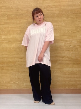 「SHOO・LA・RUE（シューラルー）の【ひんやり】ゆるっと体系カバー BIGアソートTシャツ（Tシャツ/カットソー、ピンク系）」を使った、ぁむさん（レディース・151cm）の夏コーディネート