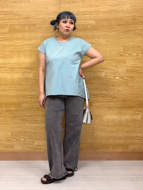 Yukie ②3Lワイドストレートデニムパンツ　サックス　カジュアル セール】【S-LL/裏ひんやり/ストレッチ】ワイドストレートデニムパンツ