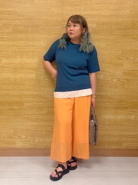 「SHOO・LA・RUE（シューラルー）の【ひんやり/UV/洗濯機可/S-LL】毛玉になりにくい シャツレイヤード風 半袖ニット（ニット/セーター、グリーン系）」を使った、ぁむさん（レディース・151cm）の夏コーディネート