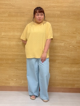 「SHOO・LA・RUE（シューラルー）の【洗濯後しわになりにくい/体型カバー】ドビードットで上品に ドルマントップス（シャツ/ブラウス、イエロー系）」を使った、ぁむさん（レディース・151cm）の夏コーディネート