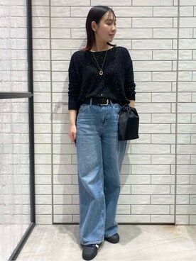 「OPAQUE.CLIP（オペークドットクリップ）のスパンコールボートネックニット【洗濯機洗い可】（Knitwear、ブラック系）」を使った、Natsukiさん（レディース・160cm）の春コーディネート