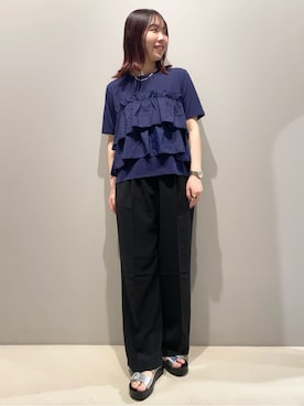 「OPAQUE.CLIP（オペークドットクリップ）のダブルフリルデザイントップス【洗濯機洗い可】（T Shirts、ブルー系）」を使った、Natsukiさん（レディース・160cm）の夏コーディネート