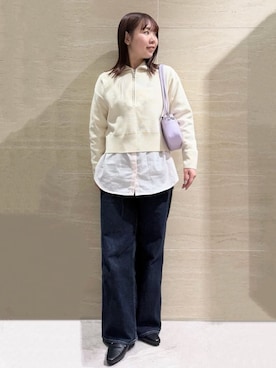 「OPAQUE.CLIP（オペークドットクリップ）のハーフZIP刺繍ロゴニット【洗濯機OK】（Knitwear、ホワイト系）」を使った、Natsukiさん（レディース・160cm）の冬コーディネート