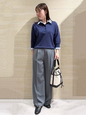 「OPAQUE.CLIP（オペークドットクリップ）のシャツレイヤード風ポロニット【洗濯機OK】（Knitwear、ブルー系）」を使った、Natsukiさん（レディース・160cm）の春コーディネート