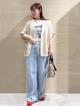 「OPAQUE.CLIP（オペークドットクリップ）のメッシュテーラードジャケット【洗濯機OK】（Tailored jacket、ベージュ系）」を使った、Natsukiさん（レディース・160cm）の夏コーディネート