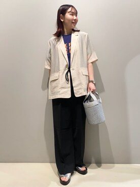 「OPAQUE.CLIP（オペークドットクリップ）のシアーハーフスリーブテーラードジャケット【洗える】（Tailored jacket、ベージュ系）」を使った、Natsukiさん（レディース・160cm）の夏コーディネート