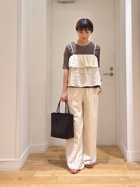 「URBAN RESEARCH DOORS（アーバンリサーチドアーズ）のラメストライプセットアップ（ワンピース、ベージュ系）」を使った、yokoo さん（レディース・156cm）の春コーディネート