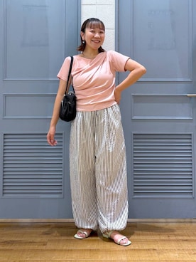 「LOWRYS FARM（ローリーズファーム）のドレーププルオーバーSS 1053677（Tシャツ/カットソー、ピンク系）」を使った、ももさん（レディース・157cm）の夏コーディネート
