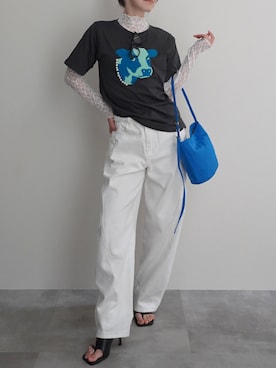 「Rashik（ラシク）の【Rashik】パール付アニマルモチーフTシャツ 半袖 サガラ 刺繍 カットソー トップス（Tシャツ/カットソー、グレー系）」を使った、【公式】Rashikさん（レディース・157cm）の夏コーディネート