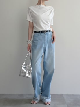 「Rashik（ラシク）の【Rashik】ボートネックトップス カットソー 半袖 トップス Tシャツ ドレープ 3way オフショル（Tシャツ/カットソー、ホワイト系）」を使った、【公式】Rashikさん（レディース・157cm）の夏コーディネート