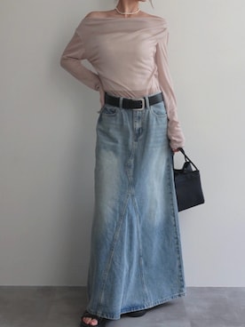 「Rashik（ラシク）の【Rashik】ルーズドレープシアートップス カットソー 長袖 シアー シースルー（Tシャツ/カットソー、ベージュ系）」を使った、【公式】Rashikさん（レディース・157cm）の夏コーディネート
