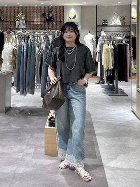 「LOWRYS FARM（ローリーズファーム）のレースデニム　601055（デニムパンツ、ブルー系）」を使った、るーちゃんさん（レディース）の夏コーディネート