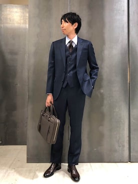 「アイテム（スーツセット、ブルー系）」を使った、kawamuさん（メンズ・183cm）の夏コーディネート
