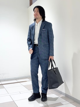「TAKEO KIKUCHI（タケオキクチ）の【抗菌防臭】COOL DOTS（R）ドビープリント ジャケット（テーラードジャケット、ブルー系）」を使った、及川さん（メンズ・170cm）の春コーディネート