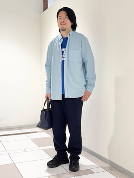 「TAKEO KIKUCHI（タケオキクチ）の【抗菌防臭/シーズンレス】シアサッカーギンガムチェック ストレッチシャツ（シャツ/ブラウス、ブルー系）」を使った、及川さん（メンズ・170cm）の夏コーディネート
