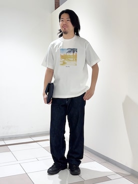 「TAKEO KIKUCHI（タケオキクチ）の【2WAY】ショルダー クラッチバッグ（クラッチバッグ、ブルー系）」を使った、及川さん（メンズ・170cm）の春コーディネート