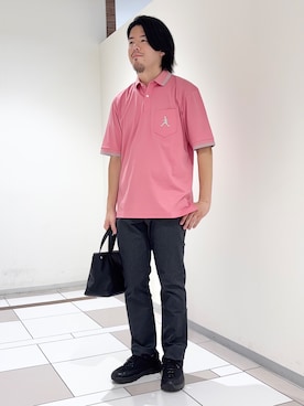 「TAKEO KIKUCHI（タケオキクチ）の【BOWLER HAT LABEL】アイスクリアコットン ボーラーハットウォーカー ポロシャツ（ポロシャツ、ピンク系）」を使った、及川さん（メンズ・170cm）の夏コーディネート