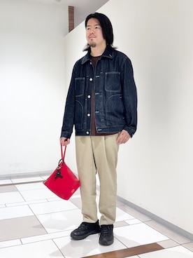 「TAKEO KIKUCHI（タケオキクチ）の【BOWLER HAT LABEL】エクスプローラー Gジャン（デニムジャケット、ブルー系）」を使った、及川さん（メンズ・170cm）の春コーディネート