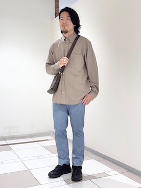 「TAKEO KIKUCHI（タケオキクチ）の【抗菌防臭/シーズンレス】シアサッカー ジャージシャツ（シャツ/ブラウス、ブラウン系）」を使った、及川さん（メンズ・170cm）の夏コーディネート