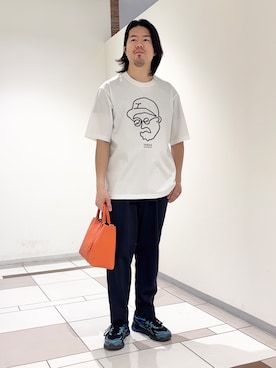 「TAKEO KIKUCHI（タケオキクチ）の【BOWLER HAT LABEL】アイスクリアコットン ワンストローク 半袖Tシャツ（Tシャツ/カットソー、ホワイト系）」を使った、及川さん（メンズ・170cm）の春コーディネート