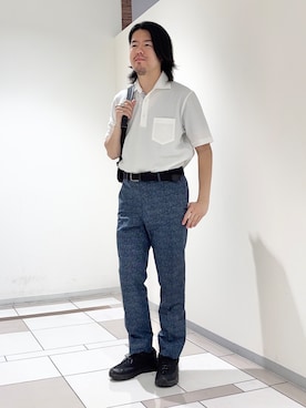 「TAKEO KIKUCHI（タケオキクチ）の【抗菌防臭】COOL DOTS（R）ドビープリント パンツ（スラックス、ブルー系）」を使った、及川さん（メンズ・170cm）の春コーディネート