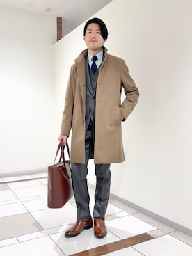 「アイテム（スーツベスト、グレー系）」を使った、及川さん（メンズ・170cm）の冬コーディネート
