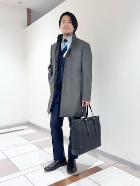 「アイテム（スーツセット、ブルー系）」を使った、及川さん（メンズ・170cm）の冬コーディネート