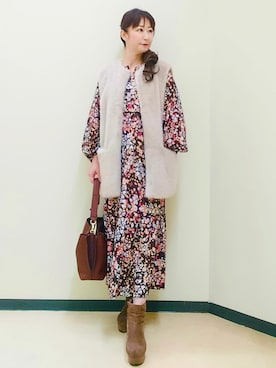 「Reflect（リフレクト）のフラワープリント フェミニンワンピース（ワンピース、ブラウン系）」を使った、花さん（レディース・157cm）の秋コーディネート