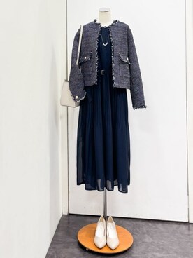 「grove（グローブ）の【ハレの日・通勤】着回しできる上品ツイードジャケット（ノーカラージャケット、ブルー系）」を使った、yukariさん（レディース・154cm）の冬コーディネート