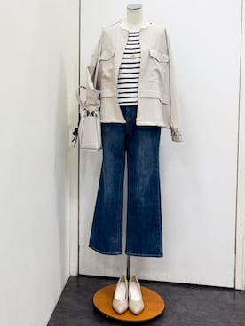 「grove（グローブ）の【貴島明日香さん着用・洗える】麻調ノーカラーブルゾン（ブルゾン、ベージュ系）」を使った、yukariさん（レディース・154cm）の春コーディネート