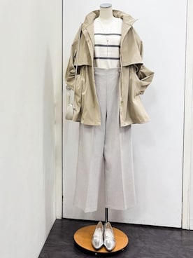「grove（グローブ）の【撥水／シルエット2WAY】羽織るだけでサマになる、スタンドネックテントラインコート（その他アウター、ベージュ系）」を使った、yukariさん（レディース・154cm）の冬コーディネート