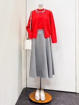 「grove（グローブ）のミニケーブルクルーネックカーディガン（カーディガン/ボレロ、レッド系）」を使った、yukariさん（レディース・154cm）の冬コーディネート